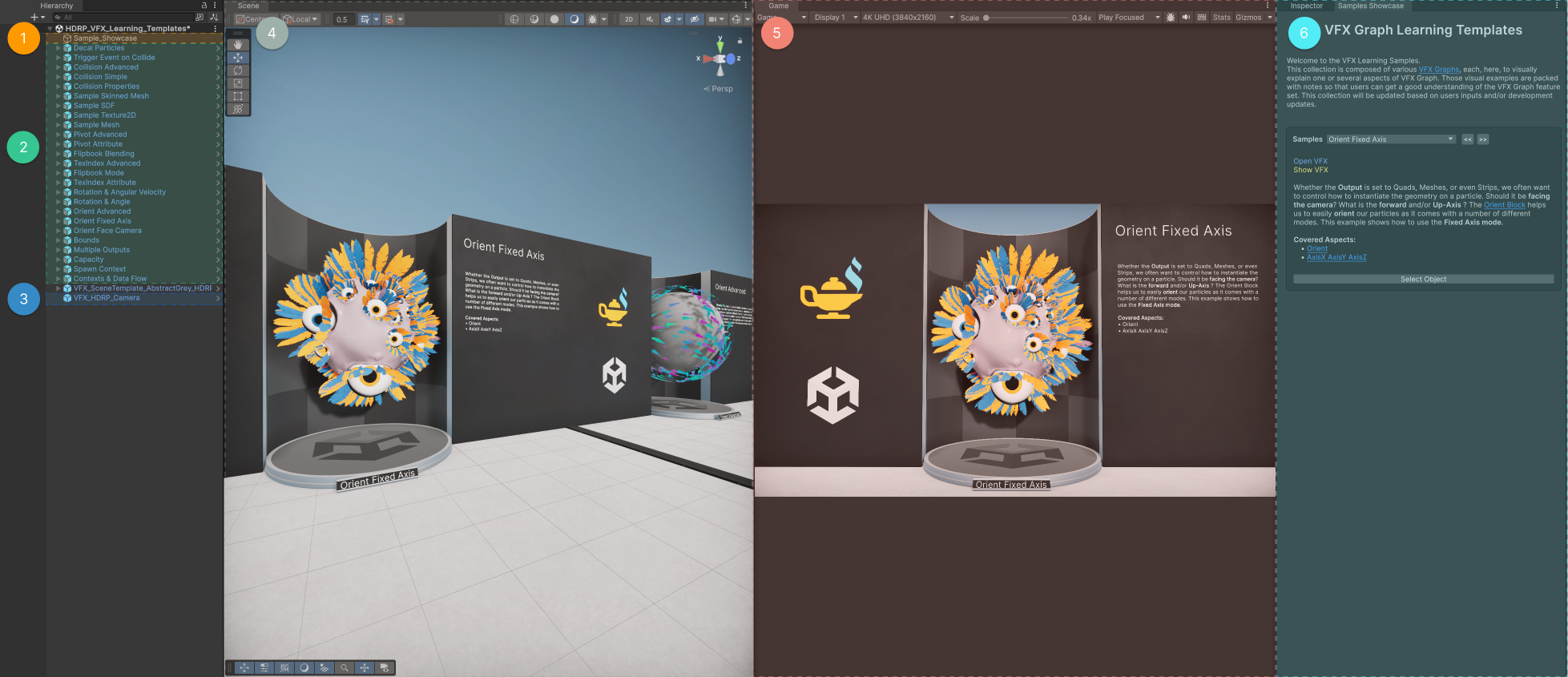 Left: The Orient Fixed Axis sample in Scene view. Right: The same sample in Game view.