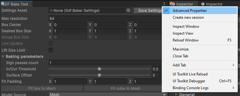 The SDF Bake Tool window and the context menu that includes the advanced properties toggle.