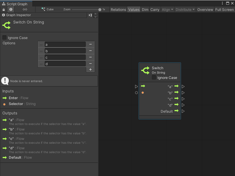 A Switch node, with the Graph Inspector open to define the String options