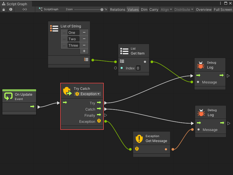 A graph with a Try Catch node that directs the game to an alternate path if the regular path fails. In this example the Finally port isn't used because there are no resources to destroy.