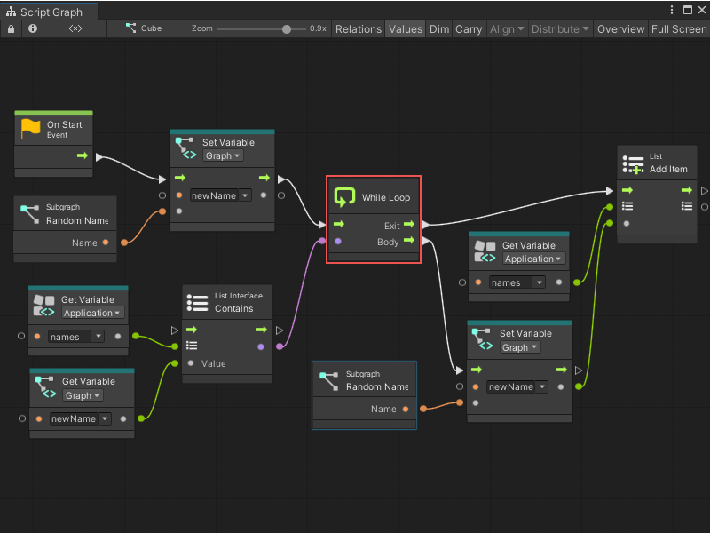 The While Loop node compares names generated with Set Variable to those provided by the Get Variable node and stops when the names don't match