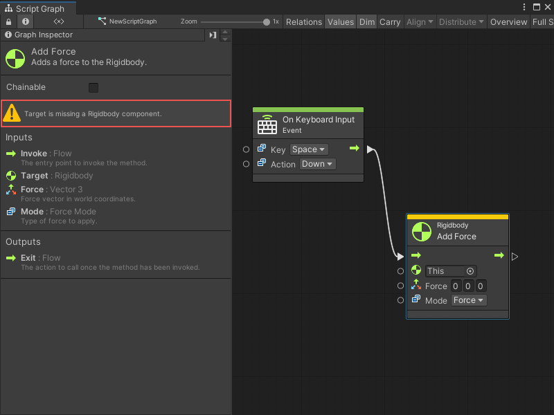 The owner GameObject doesn't have a rigidbody, which is a required component, so the node is yellow.