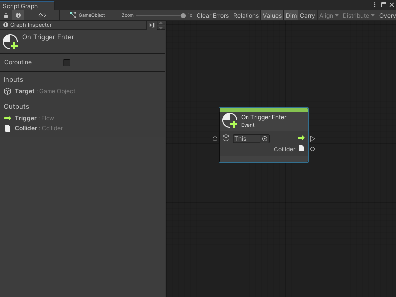 An On Trigger Enter node with a collider as the output.
