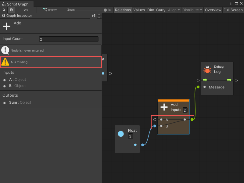 The Add Inputs node with an orange header, and an error message in the Graph Inspector.