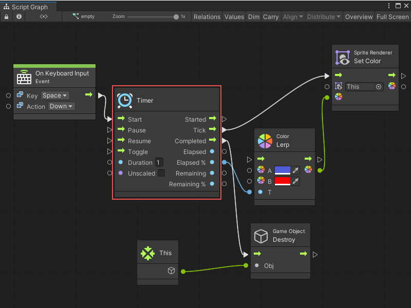 A Timer node with a Duration value of 1 setting the color by % Elapsed and destroying it when Completed.
