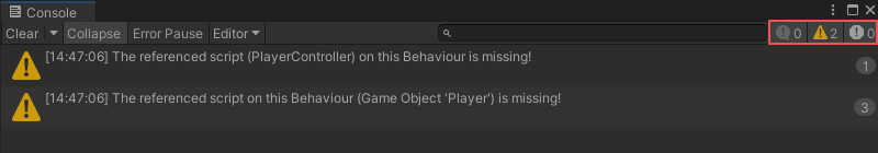 The Console window with the debug bar in the upper right corner displaying a count of zero messages, two errors, and zero warnings