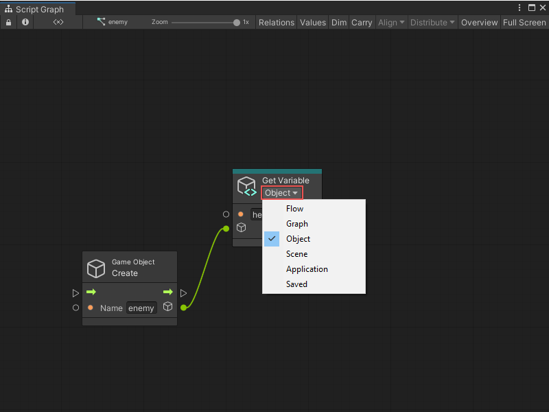 The kind dropdown on a Get Variable node