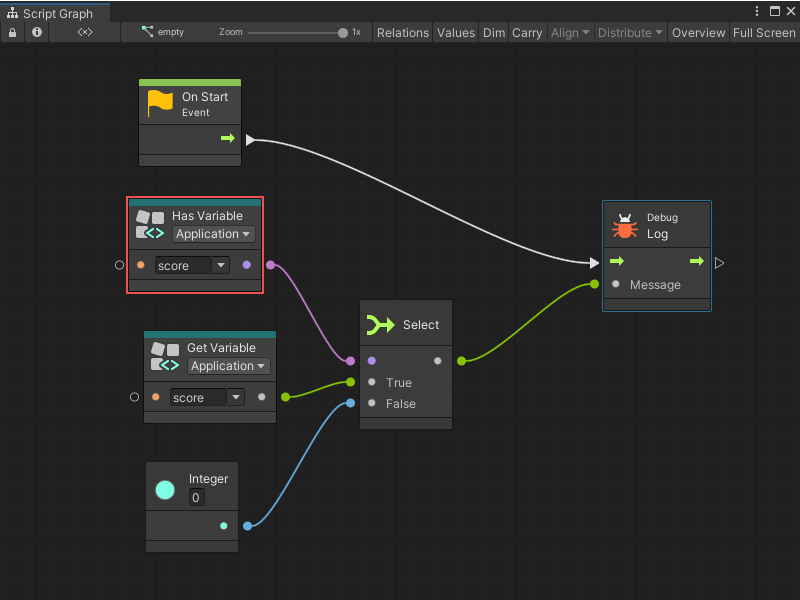 The Has Variable node checks whether the score variable exists. It triggers Get Variable if the variable exists, and prints a message to the console if the variable doesn't exist.