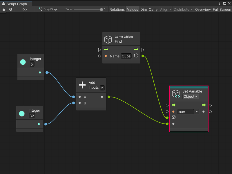 An image of the Visual Scripting Graph Editor. A new Set Variable node called "sum" has an assigned default value from an Add Inputs node. A Find GameObject node specifies the GameObject where "sum" is set.
