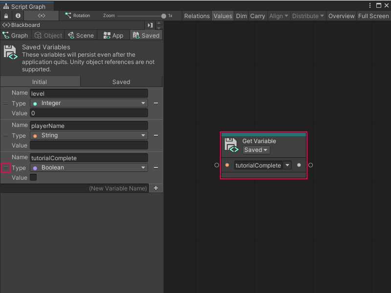 An image of the Visual Scripting Blackboard and Graph Editor. A Saved variable has been dragged from the Blackboard and onto the Graph Editor as a new Get Variable node.