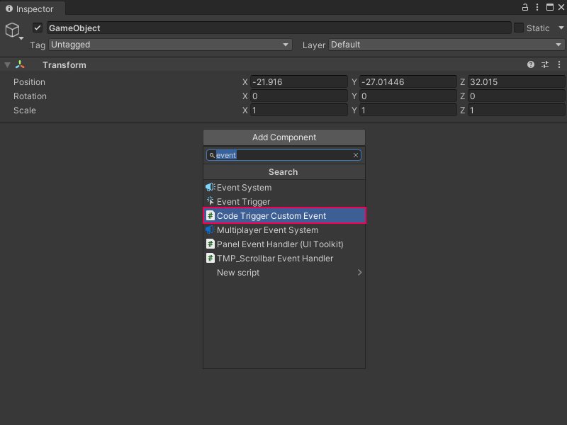 An image of the Unity Editor's Inspector window with the Add Component menu open. The search bar has filtered the components displayed and the Code Trigger Custom Event C# script is highlighted.
