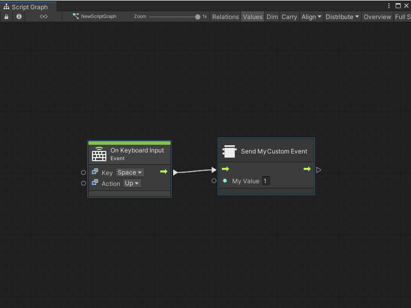 An image of the Graph Editor. An On Keyboard Input node with its Key set to Space and its Action set to Up connects to the Send My Custom Event node.