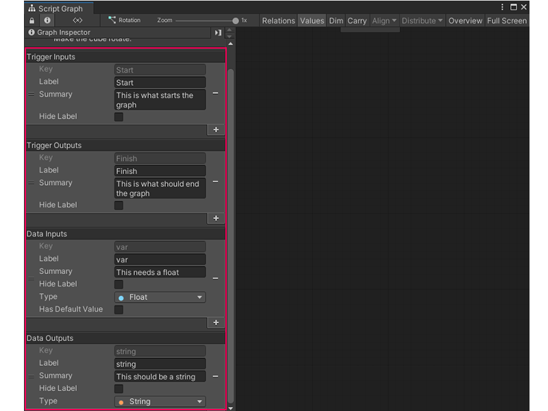 An image of the Graph Inspector open in the Graph window. The Graph Inspector displays the ports added to the open Script Graph. The graph has a single Trigger Input port, called Start; a Trigger Output port, called Finish; a Data Input port with a float type, called var; and a data output port with a string type, called string.