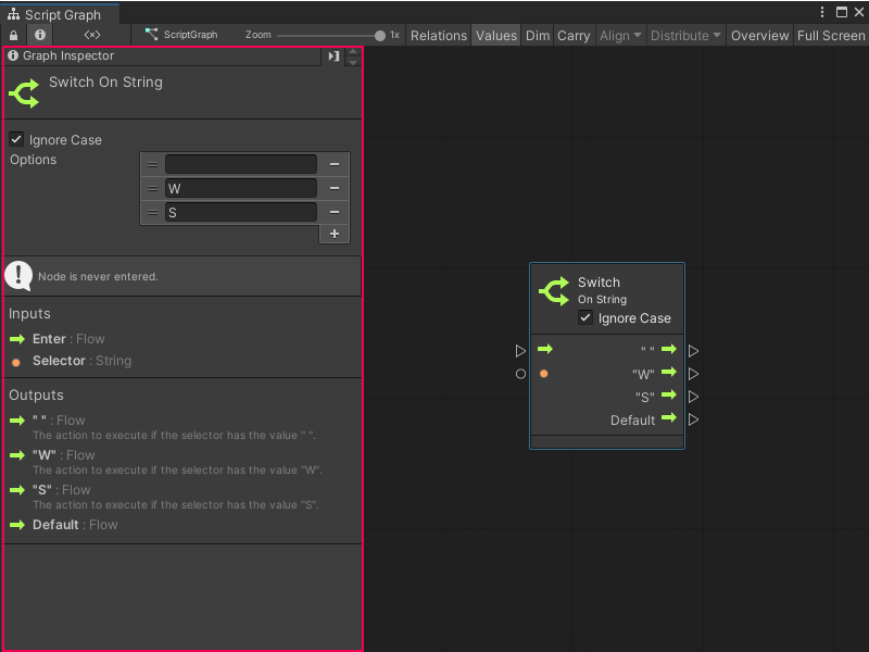 An image of the Graph Inspector with a Switch on String node selected