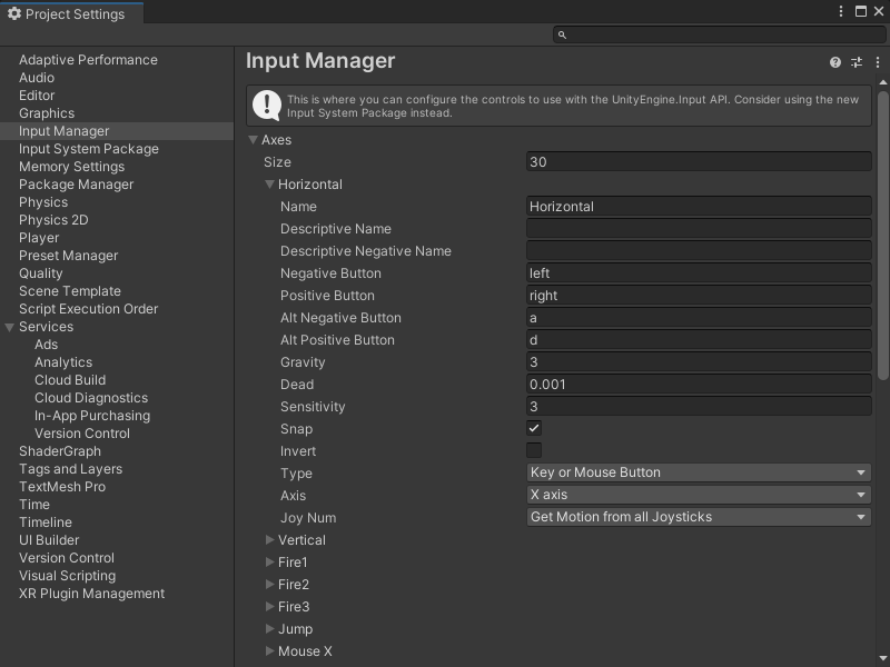 An image of the Unity Editor's Project Settings window, that displays the Input Manager's settings for its Horizontal axis.
