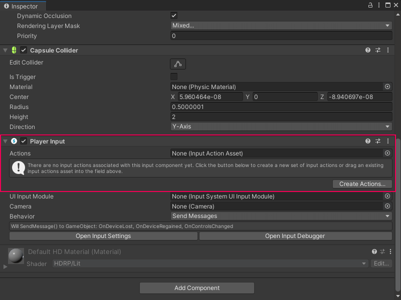 An image of the Unity Editor's Inspector window, highlighting the Actions section of the Player Input component on a GameObject.