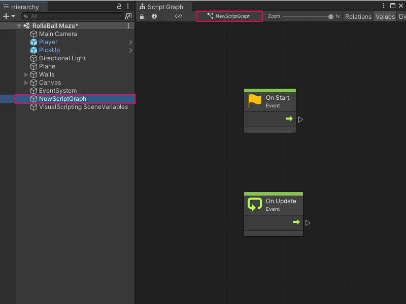 A new Script Graph, created with the empty graph creation flow with the On New GameObject option.