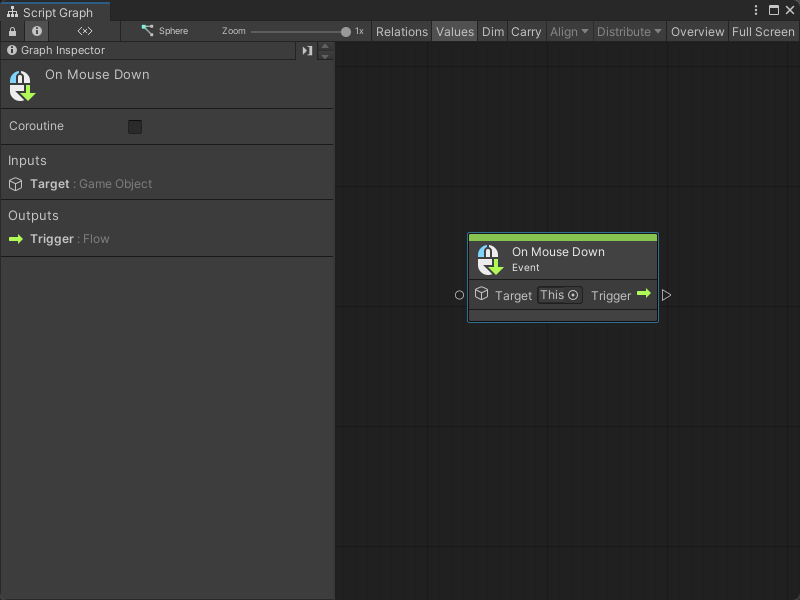 An image of the Graph window. An On Mouse Down node displays with its details in the Graph Inspector.