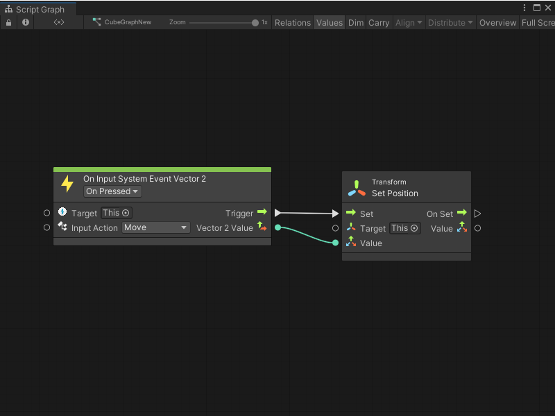 An image of the Graph Editor, that displays the Script Graph described above. An On Input System Event Vector 2 node sends a Vector 2 value to the Value input port on a Transform Set Position node.