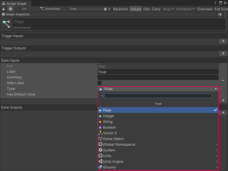 An image of the Graph Inspector. A new port is being added to a graph, and the Type menu is open to choose a new type for the port.