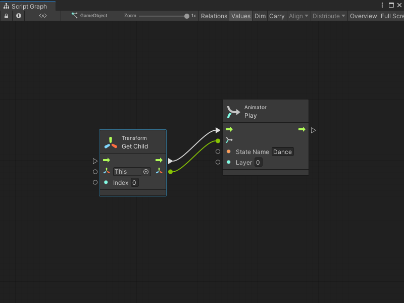 An image of the Graph window. A Transform Get Child node is set to This, the current GameObject. Its Index value is set to 0 with an inline value. The trigger output port connects to the trigger input port on a Animator Play node. Visual Scripting converts the Transform output from the Transform Get Child to an Animator component input on the Animator Play node.