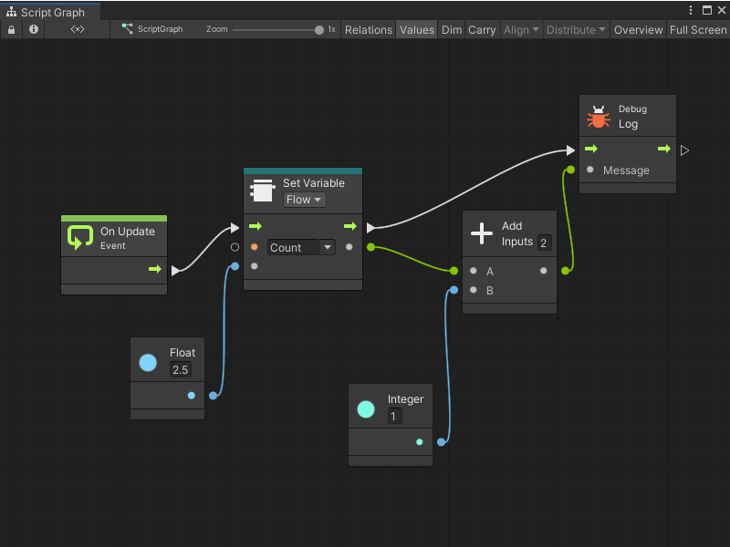 An image of a Script Graph in the Graph Editor, with multiple nodes connected to each other to create a flow of logic.