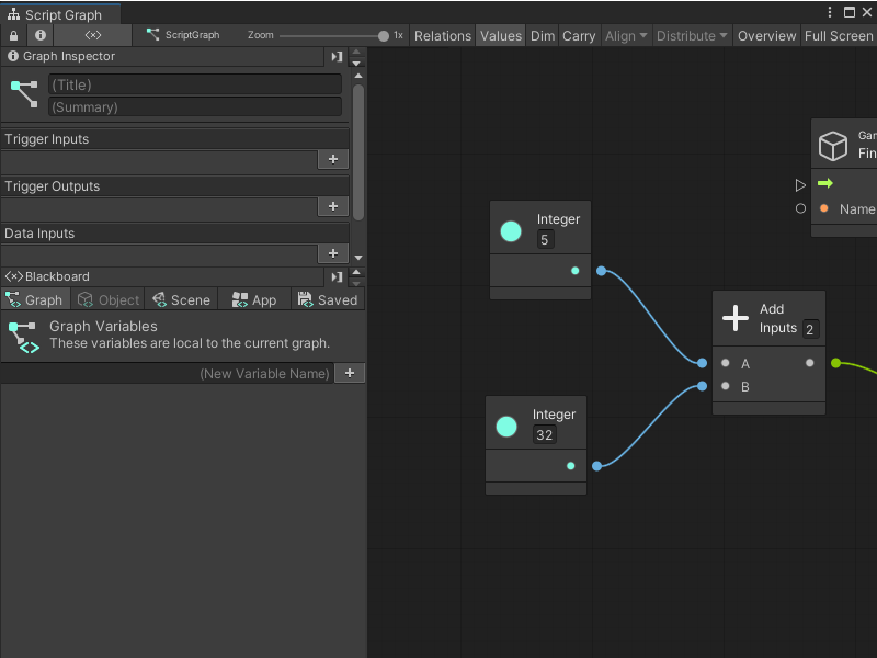 An image of the Visual Scripting Graph window. The Graph Inspector and Blackboard are open and a graph is visible in the other half of the window.