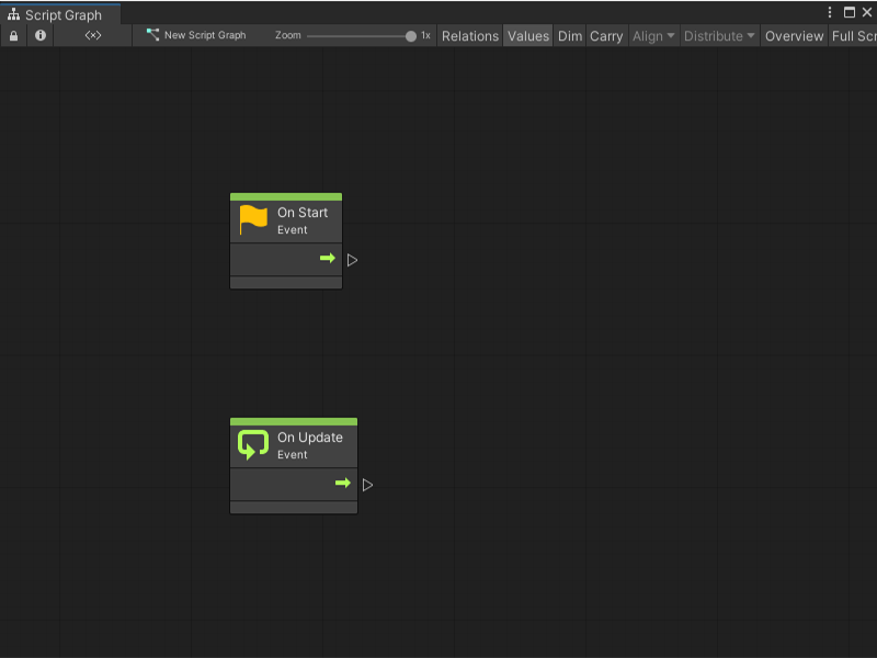 A new Script Graph, created with the empty graph creation flow with starter On Update and On Start Event nodes.