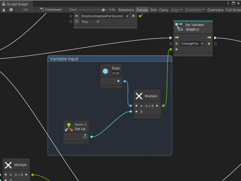 An image of the Graph window. A node group has been created around three nodes and named "Variable Input."