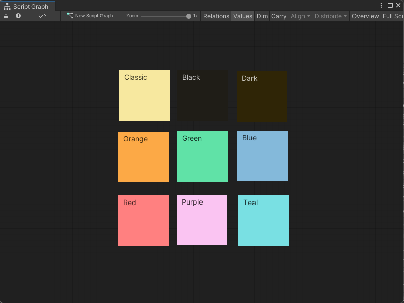 An image of the Graph window. A graph contains nine Sticky Notes, each set to a different Color Theme with the Color Theme set as their title: Classic, Black, Dark, Orange, Green, Blue, Red, Purple, and Teal.