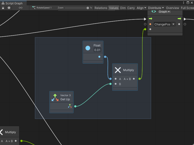 An image of the Graph window, with a selection box created around 4 nodes in the Graph Editor