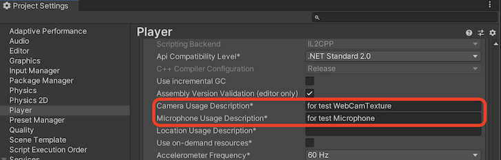 Camera&Microphone Usage Description in PlayerSettings