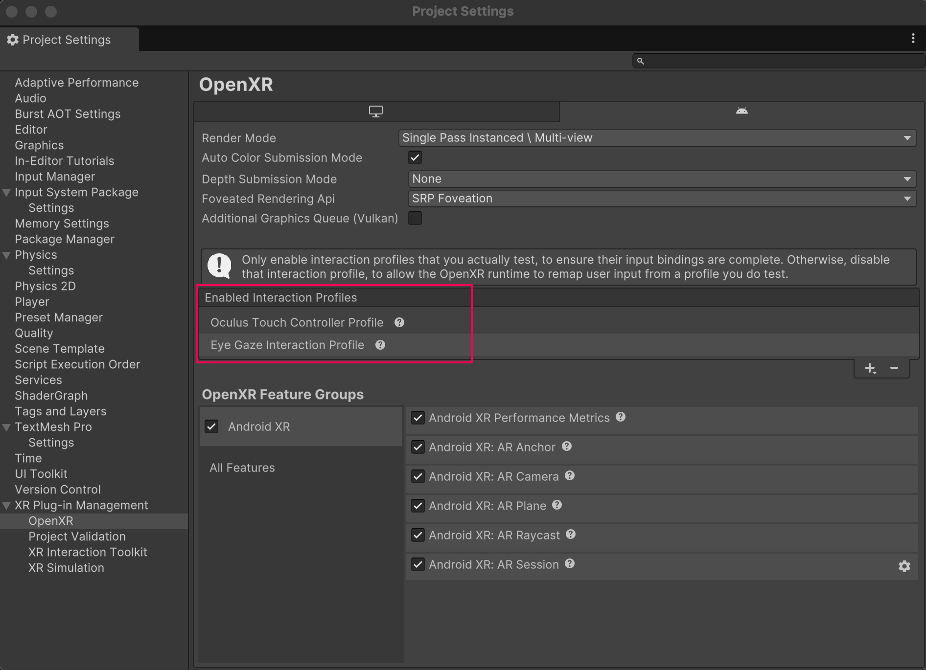 Unity's Project Settings window is open to XR Plug-in Management > OpenXR. The Enabled Controller Profile contains the Oculus Touch Controller Profile and the Eye Gaze Interaction Profile.