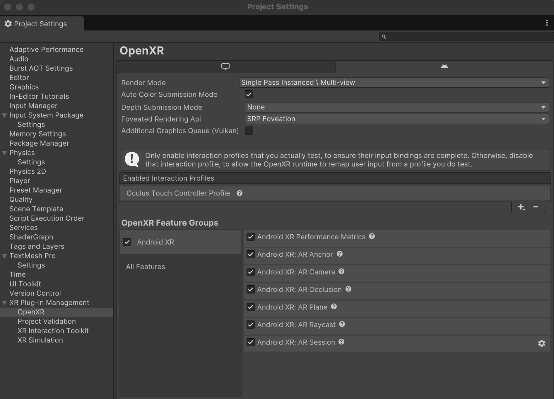 Unity's Project Settings window is open to XR Plug-in Management > OpenXR, showing a list of enabled features in the Android XR feature group