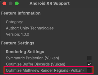 The Optimize Multiview Render Regions feature is enabled in the OpenXR Rendering Settings.
