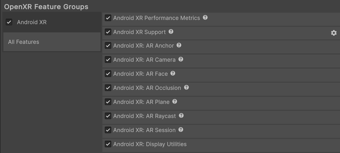 Unity's Project Settings window is open to XR Plug-in Management > OpenXR, showing a list of enabled features in the Android XR feature group