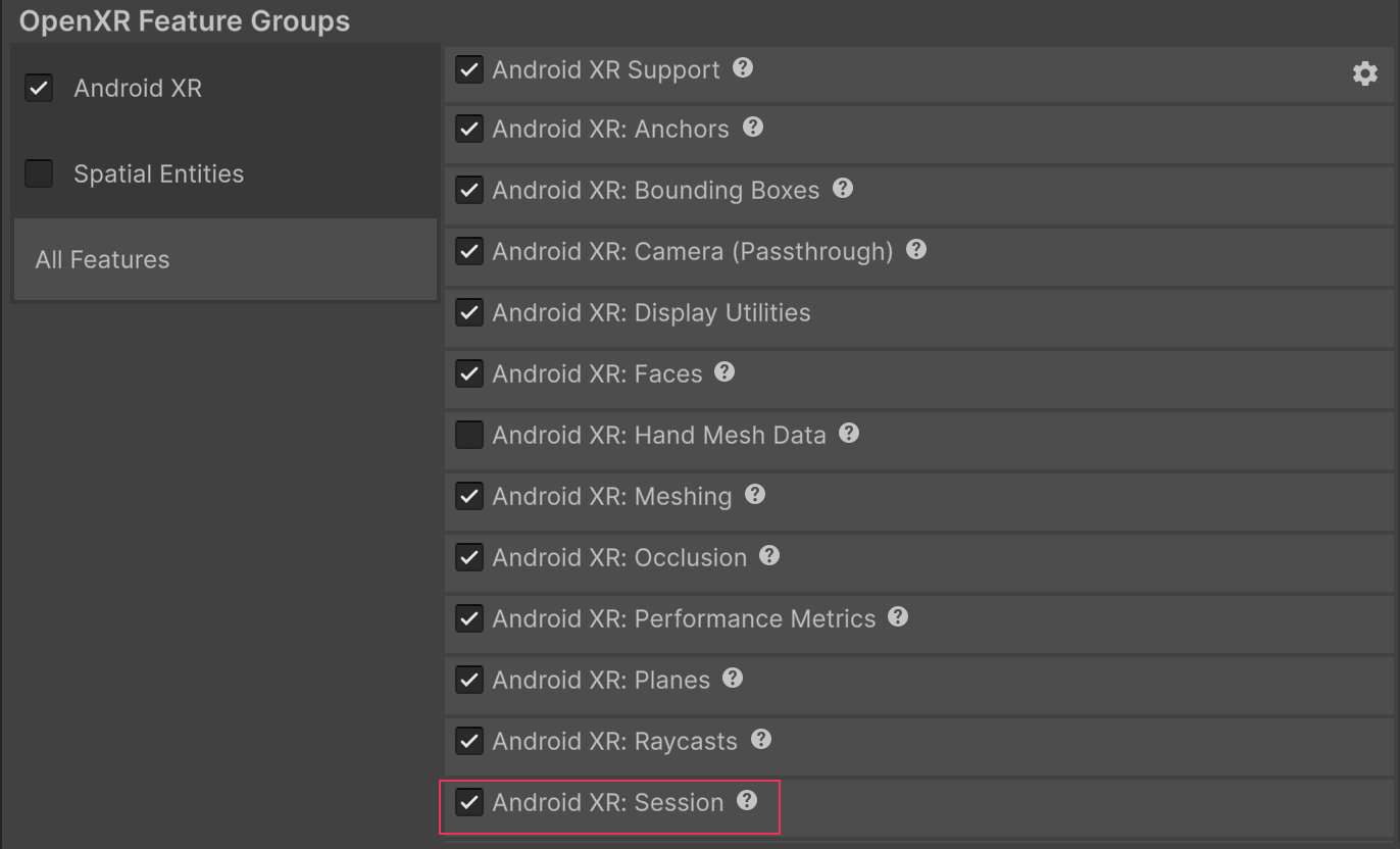 Unity's Project Settings window is open to XR Plug-in Management > OpenXR, showing a list of features in the Android XR feature group with the Android XR: Session feature enabled.