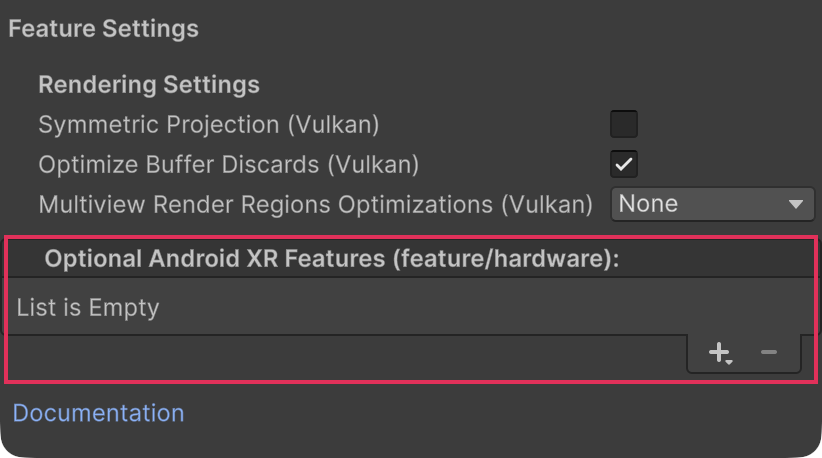 Optional Android XR Features list with add and remove buttons in the Android XR Support window.