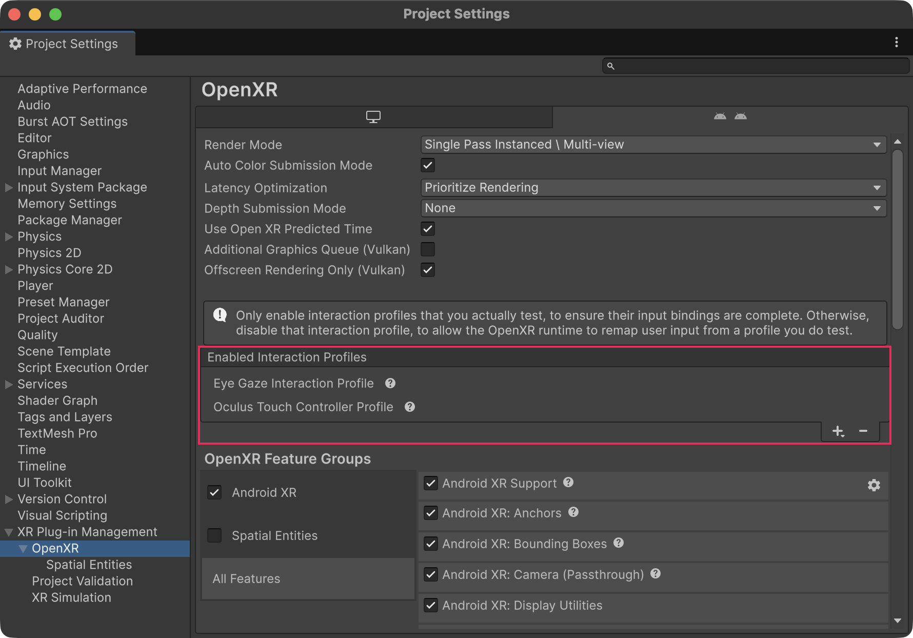 Unity's Project Settings window is open to XR Plug-in Management > OpenXR. The Enabled Interaction Profiles list contains the Oculus Touch Controller Profile and the Eye Gaze Interaction Profile.