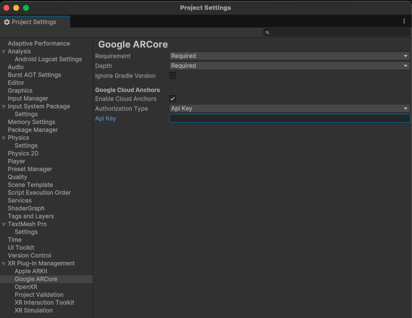 ARCore Cloud Anchor Settings ARCore Settings