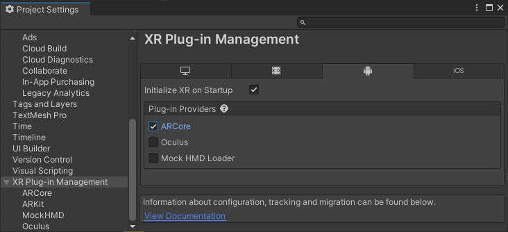 ARCore in XR Management XR Plug-in Management