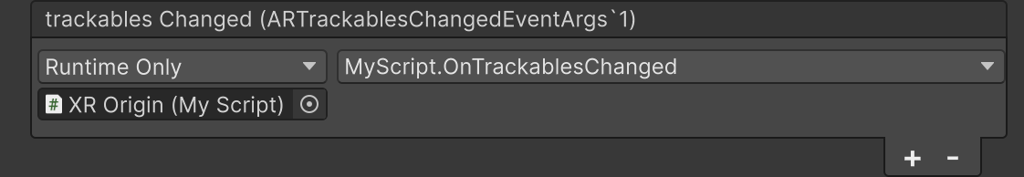 A trackablesChanged event is shown in the Inspector with a subscribed MonoBehavior