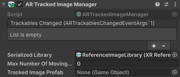 AR Tracked Image Manager with Tracked Image Prefab field AR Tracked Image Manager with Tracked Image Prefab field