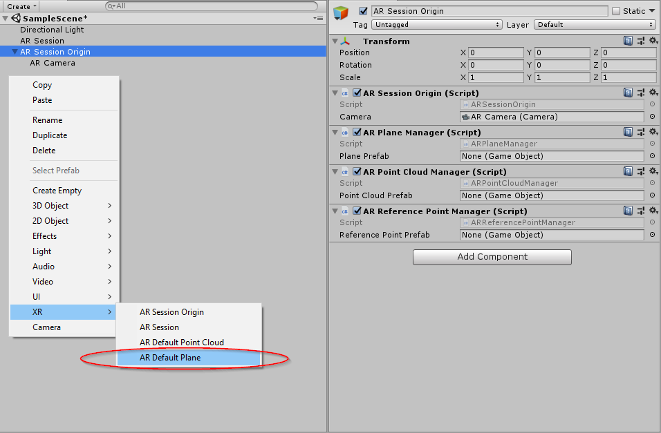 Creating a new AR Default Plane GameObject