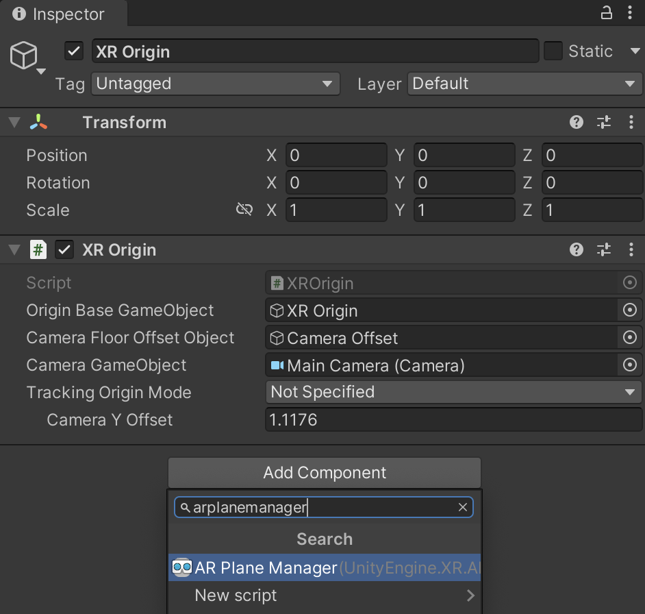 Adding an AR Plane Manager component