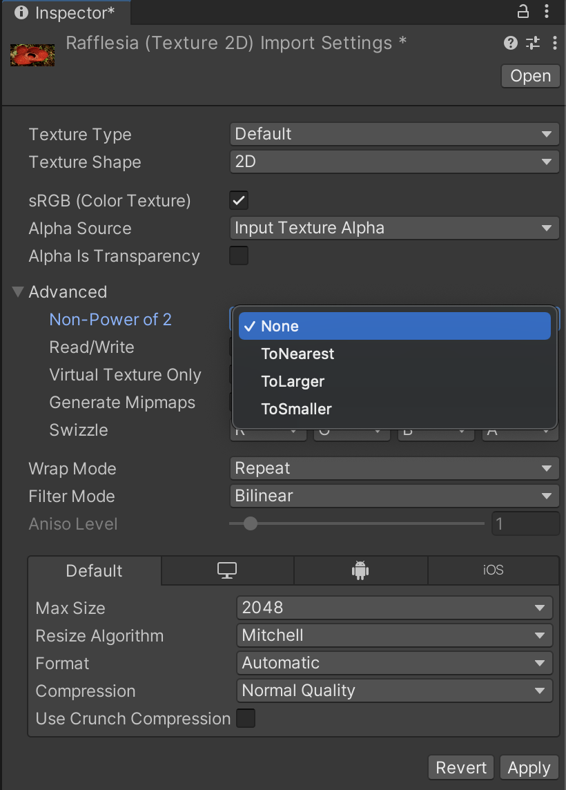 Non-Power of Two Reference Image Settings