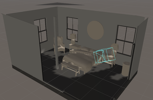 A bedroom environment is shown in the XR Environment view with an x-ray shader. Transparent walls and ceiling allow you to view the room from outside.