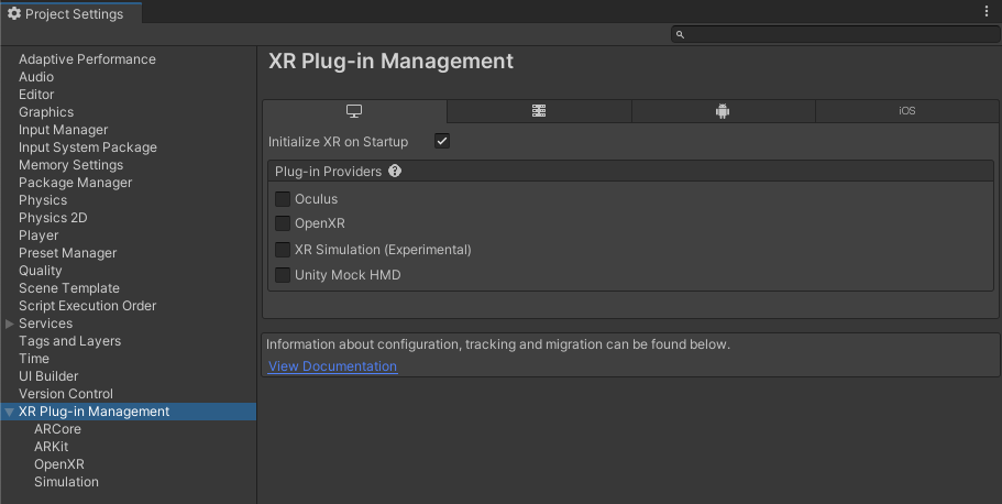 The XR Plug-in Management category of the Project Settings window displays an interface for downloading AR Foundation provider plug-ins for supported platforms