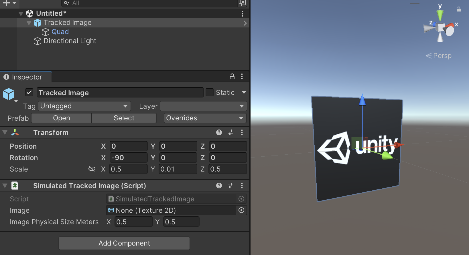 A sample simulated tracked image GameObject hierarchy, consisting of a parent GameObject with a Simulated Tracked Image component and a child GameObject with a textured Quad.