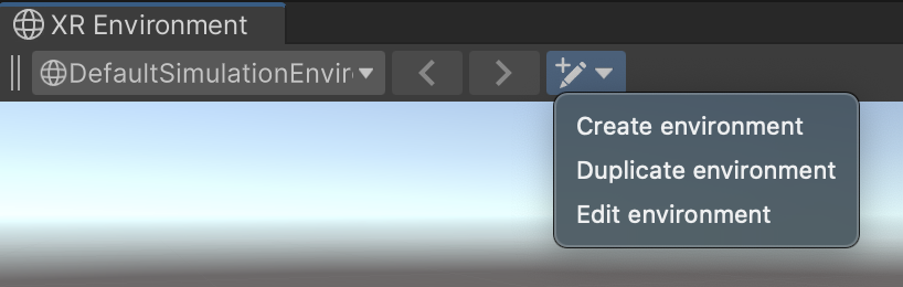 The create/edit environment dropdown, located on the far right of the XR Environment overlay, shows three options: Create environment, Duplicate environment, and Edit environment